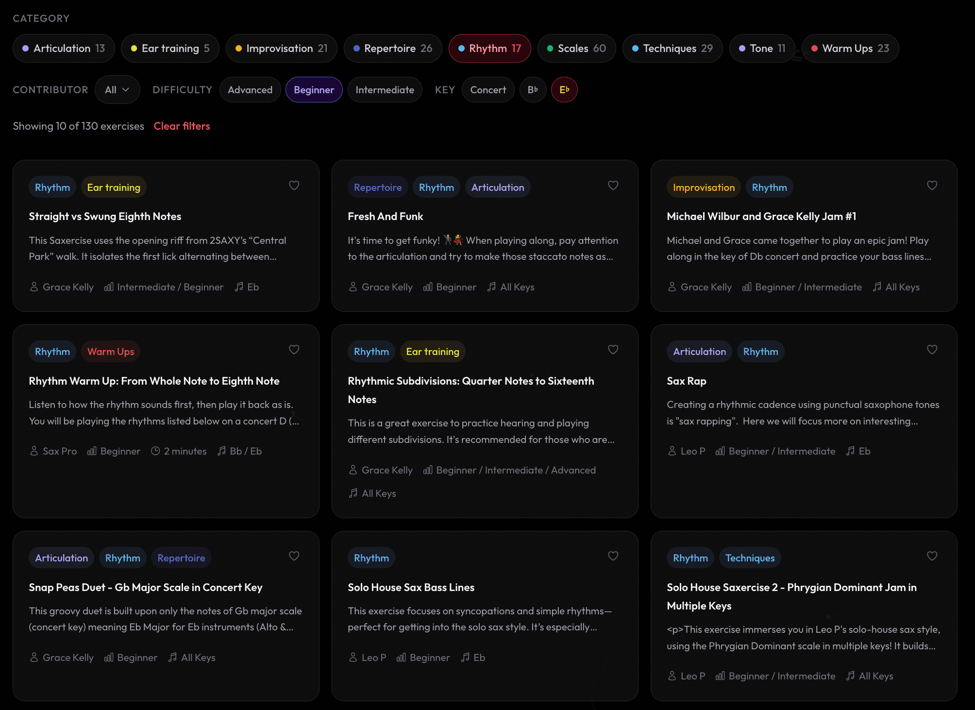 The SaxPro exercise library, filterable by category, contributor, difficulty, and key