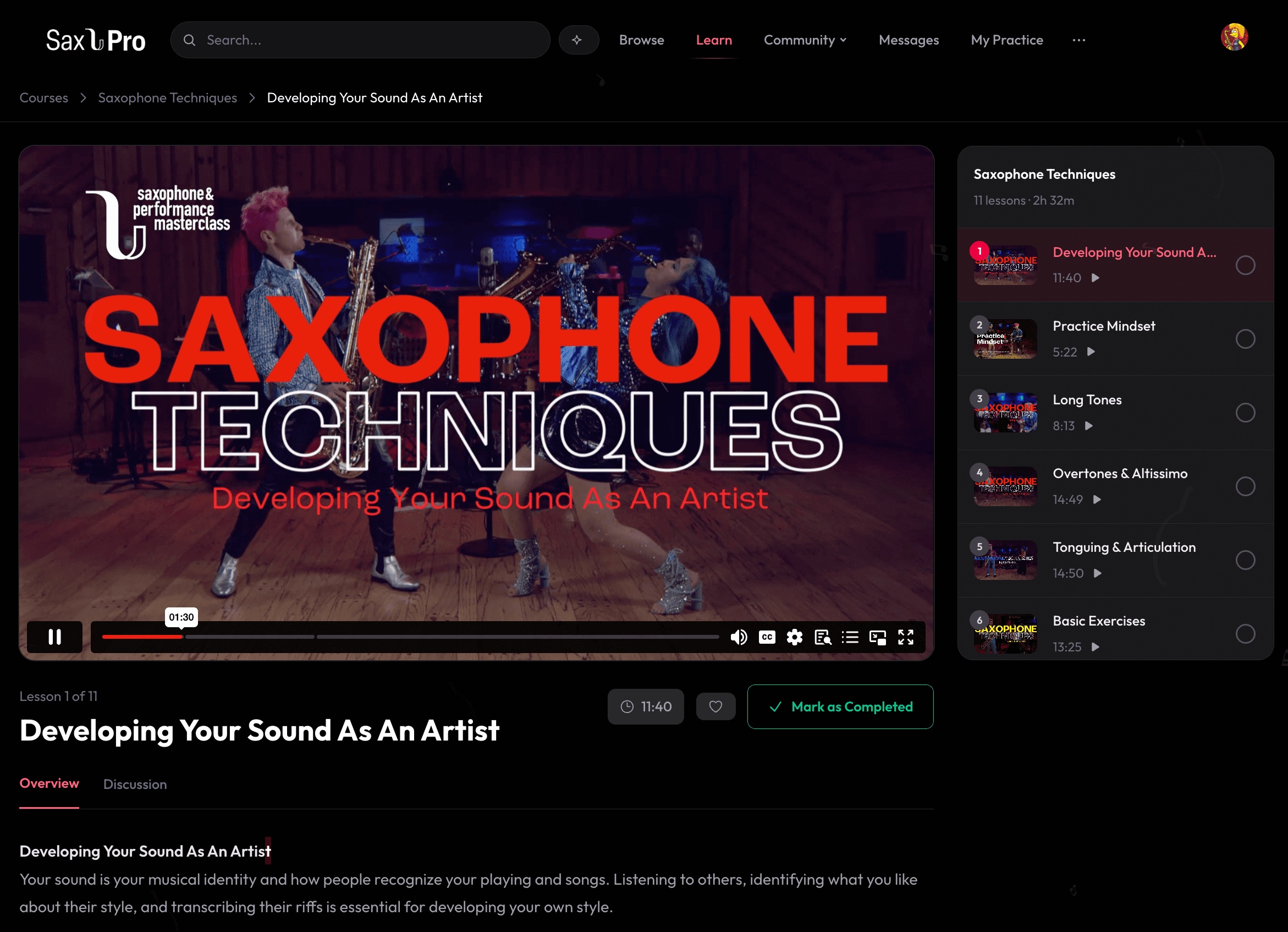 SaxPro lesson player showing a Saxophone Techniques video with playlist sidebar