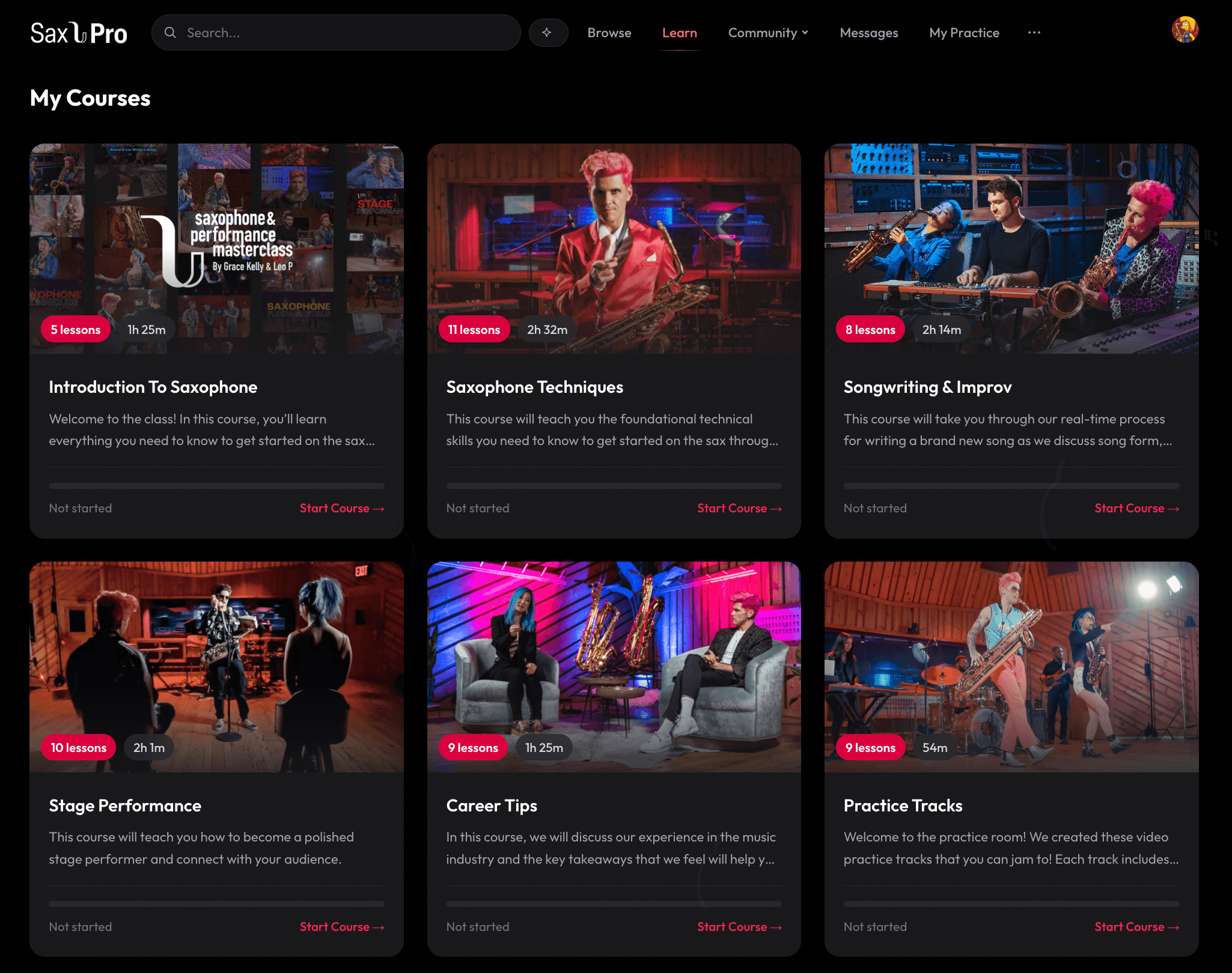 The Saxophone & Performance Masterclass — 6 sections including Saxophone Techniques, Songwriting & Improvisation, Stage Performance and Career Tips