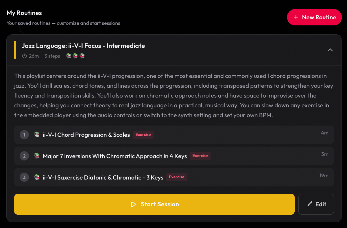 The SaxPro practice routine builder showing a Jazz Language: ii-V-I Focus routine with 3 exercises and a Start Session button