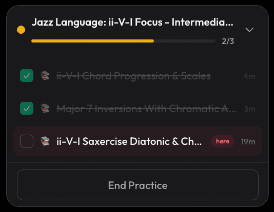 A live practice session in progress, 2 of 3 exercises complete