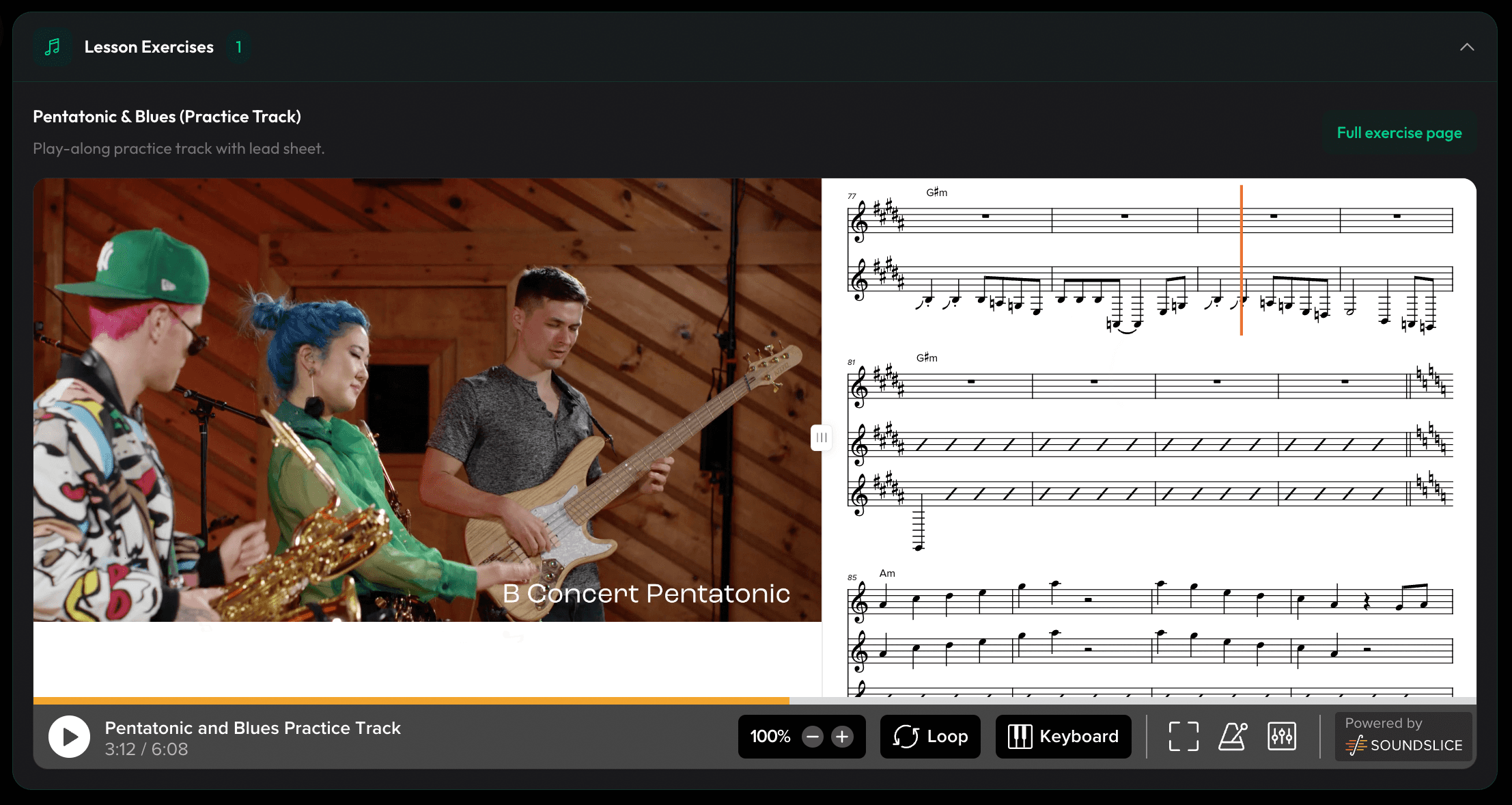 Interactive practice track player with synchronized sheet music and backing video